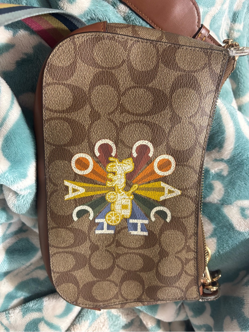 Coach Brown Signature Canvas Crossbody with Multicolor Logo Burst
